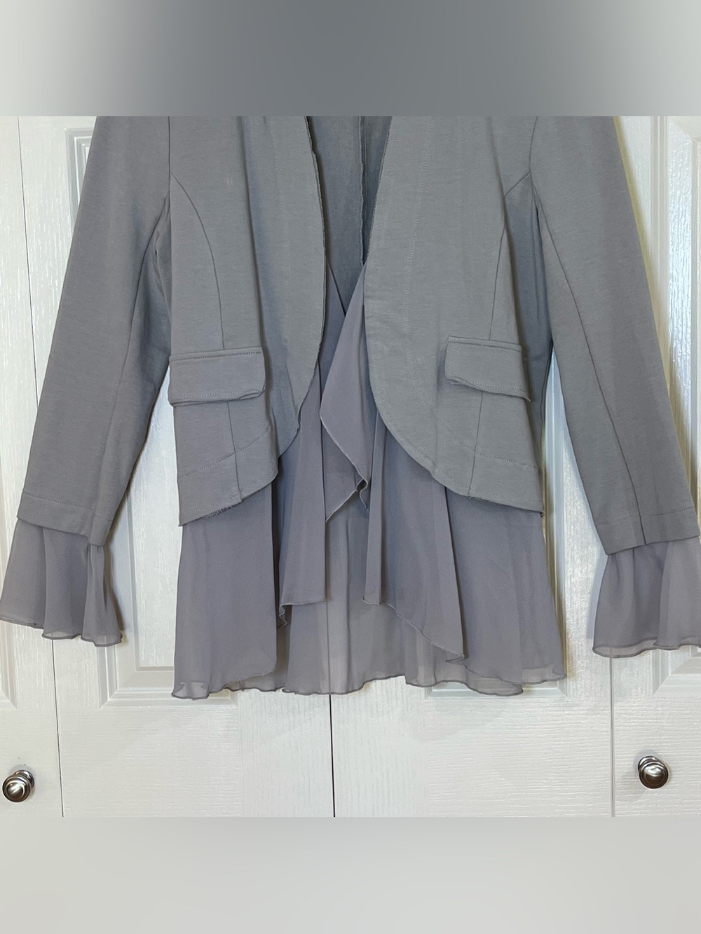 Soft Surroundings Chloe Jacket Gray Ruffle Open Front Cascading Blazer Medium - Picture 2 of 6